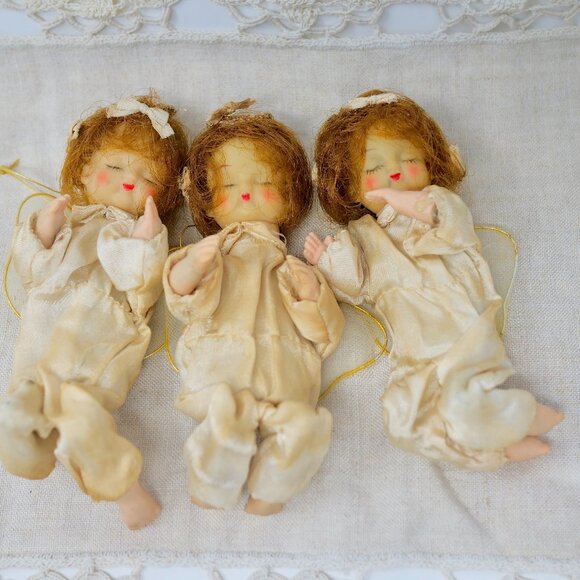 Vintage Lot of 3 Sleeping Angels Posable Christmas Ornaments Mesh Wings JAPAN